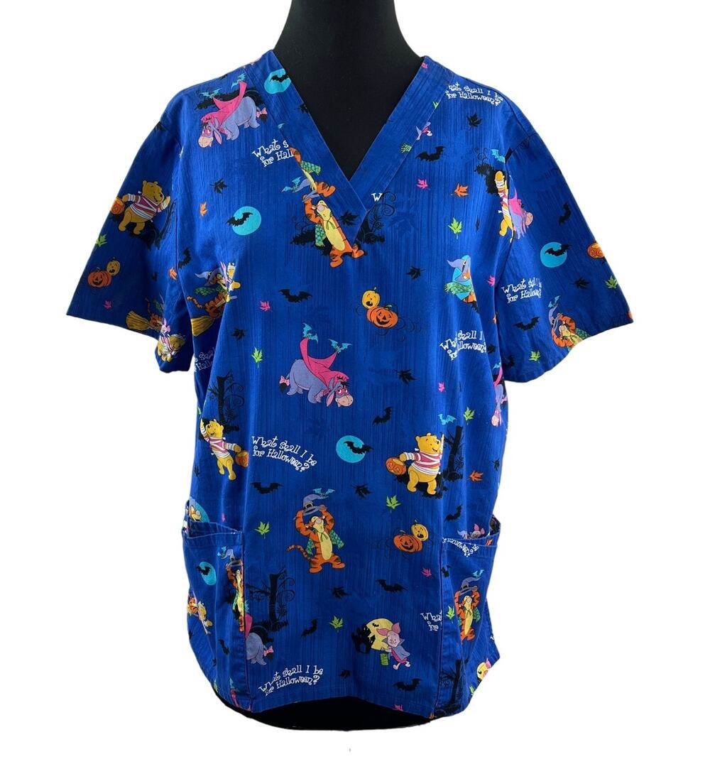 Winnie The Pooh HALLOWEEN The Wonderful World Of Disney Blue Scrub Top Large L
